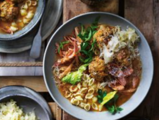 Pork and veal meatballs with smoked bone broth