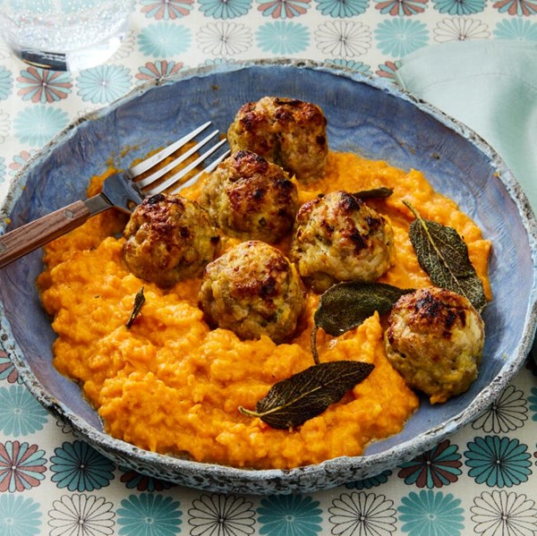Pork-apple meatballs with sweet potato mash