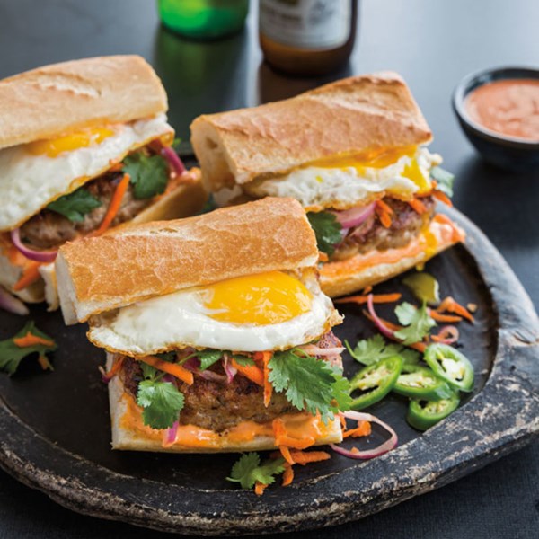 Pork banh mi burgers with pickled vegetables & eggs