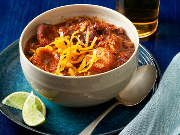 Pork-bean chili with corn dumplings