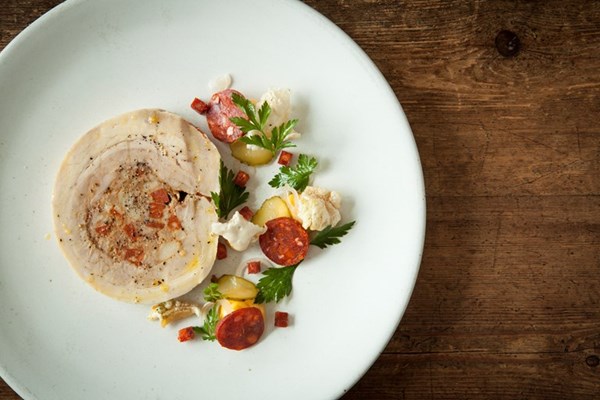  Pork belly and chorizo cassoulet terrine with chorizo mayonnaise and pickles
