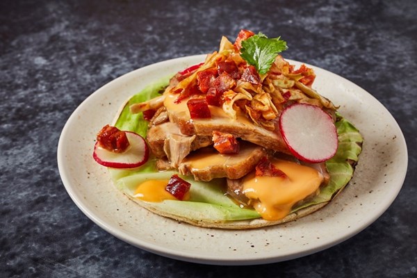  Pork belly and hispi cabbage tacos with chorizo mayonnaise and chorizo quick kimchi