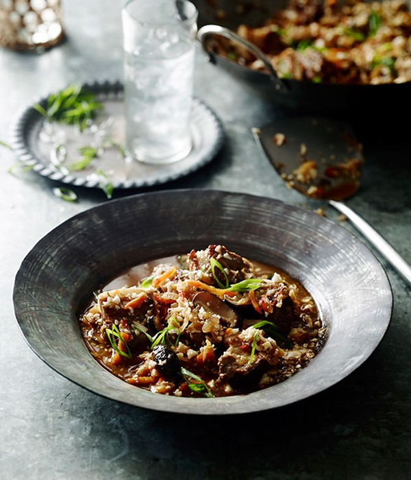 Pork belly and kimchi stew with cauliflower 'rice'