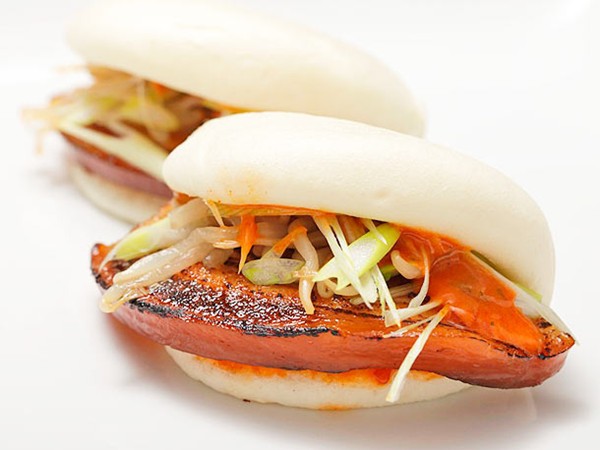 Pork belly buns with spicy mayo, scallions, and pickled bean sprouts