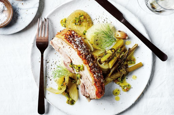 Pork belly, fennel, finger lime and karkalla salsa