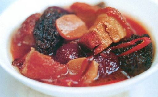 Pork belly hot-pot with chilli, baby beets, morels and miso