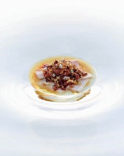 Pork belly, milk curd, roasted koji, sesame, kombu, smoked pork rib broth