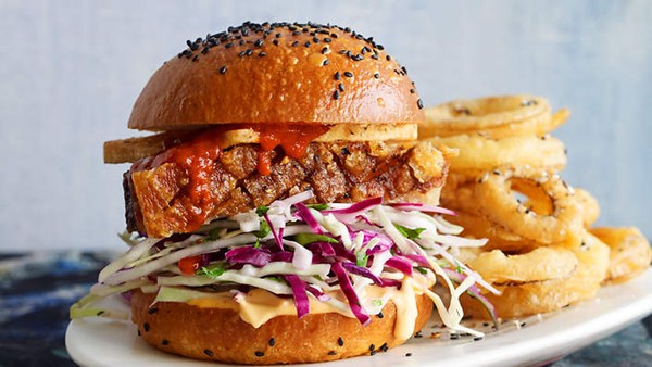 Pork belly, tofu and sriracha slaw burgers with Sichuan onion rings
