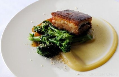 Pork belly with apple purée and sprouting broccoli