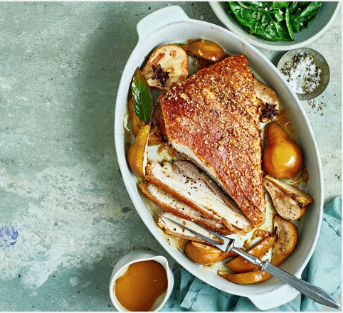 Pork belly with bay, cider & pears