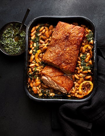 Pork belly with beans and pistou