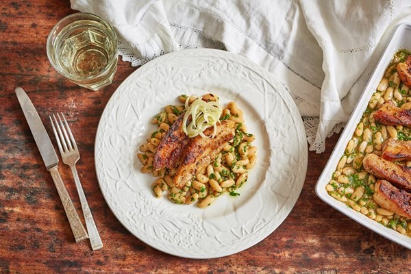  Pork belly with cannellini beans and salsa verde