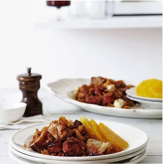 Pork belly with chorizo and breadcrumbs (Migas)