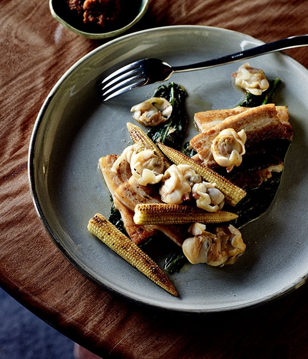 Pork belly with clams, cavolo nero namul and corn (Samgyeopsal)