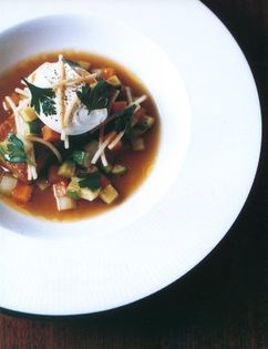 Pork belly with minestrone and poached egg