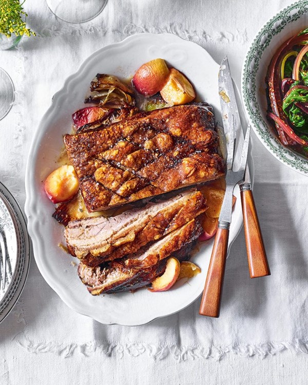 Pork belly with roast peaches, chard and mustard vinaigrette 