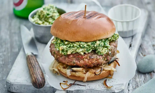 Pork burgers with sauce gribiche and burnt onions