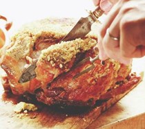 Pork butt with golden raisins and Jerusalem artichokes
