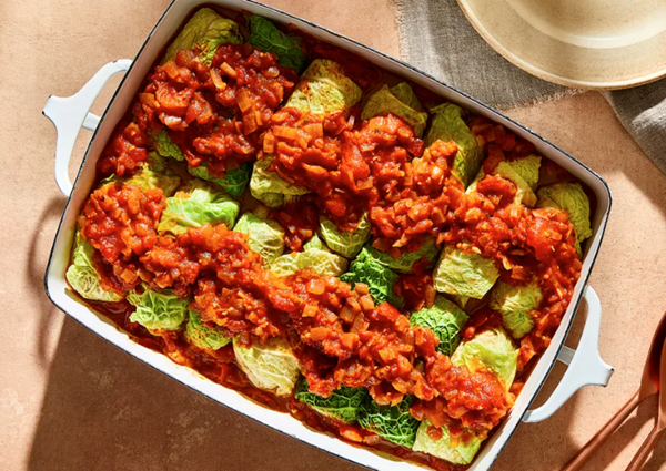 Pork cabbage rolls with peaches & herbs