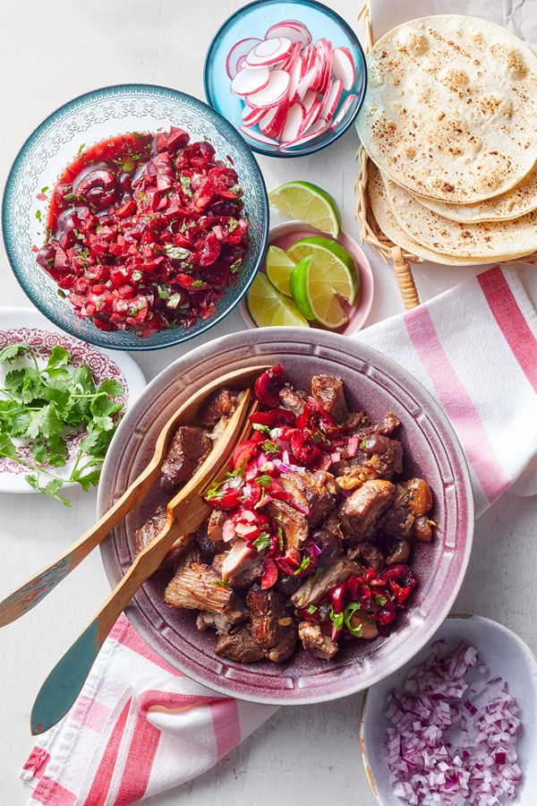 Pork carnitas tacos with cherry-chipotle salsa