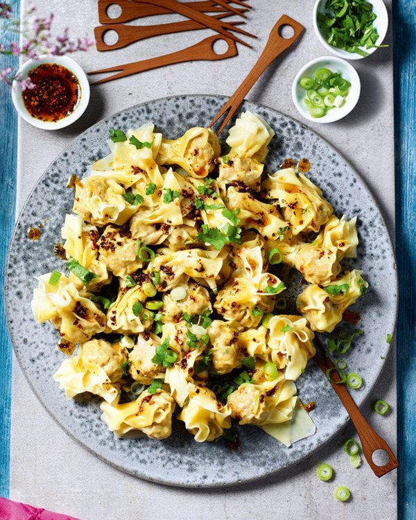 Pork, celery & water chestnut wontons with ma la chilli oil