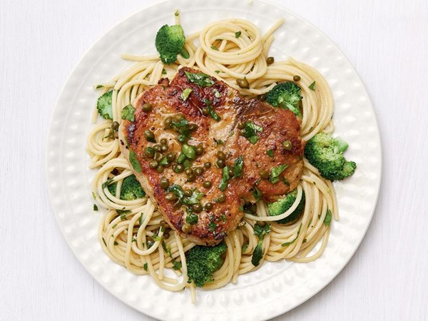 Pork chop piccata with spaghetti