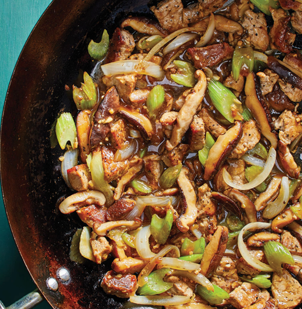 Pork chop suey with shiitake mushrooms