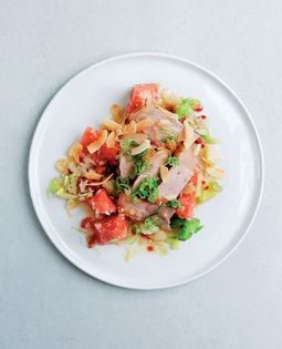Pork chop, watermelon and pomelo with coconut sauce