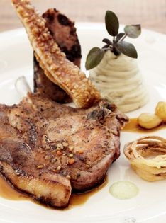 Pork chop with forcemeat (Gloucester Old Spot pork chop with black pudding forcemeat, purple sage and onion)