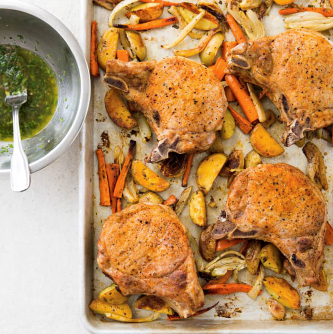 Pork chops and vegetables with parsley vinaigrette