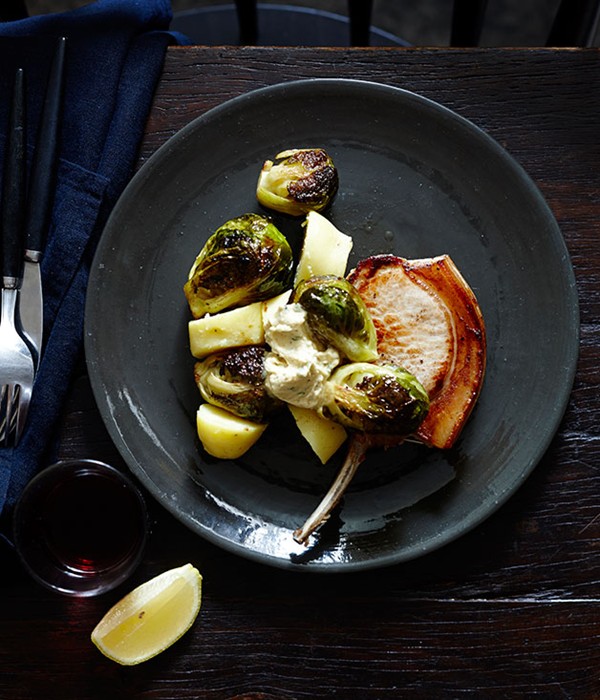 Pork chops, Brussels sprouts and potatoes with mustard and cider butter