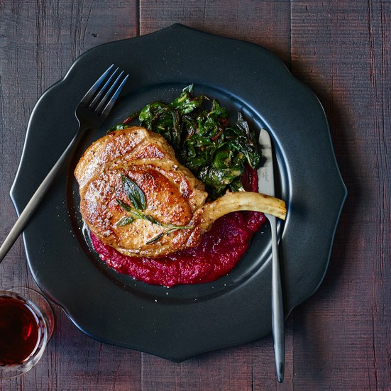 Pork chops in sage butter with beet puree and Swiss chard