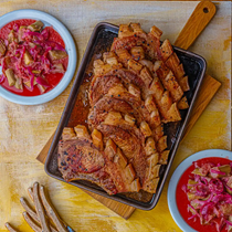 Pork chops, rhubarb and watercress
