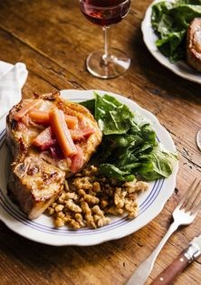 Pork chops w/ rye spaetzle, white wine-poached rhubarb + spinach