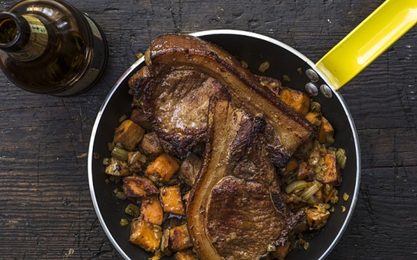 Pork chops with a coffee marinade, and sweet-potato hash