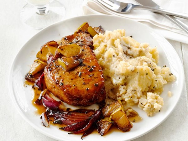 Pork chops with apples and garlic smashed potatoes