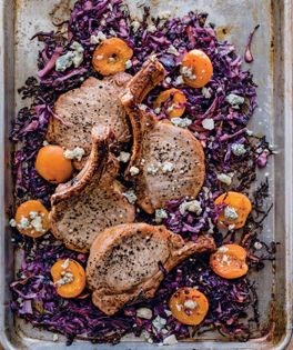 Pork chops with apricots, red cabbage & blue cheese