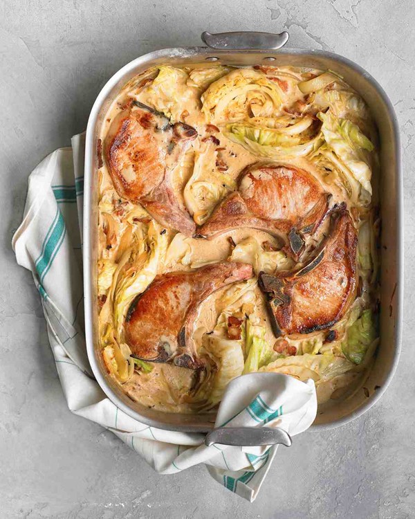 Pork chops with bacon and cabbage
