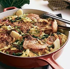 Pork chops with beer, cabbage, and apples