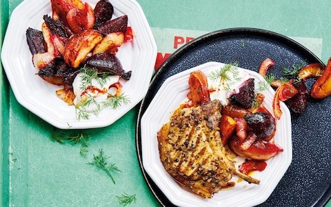 Pork chops  with beetroot, apples, caraway and paprika