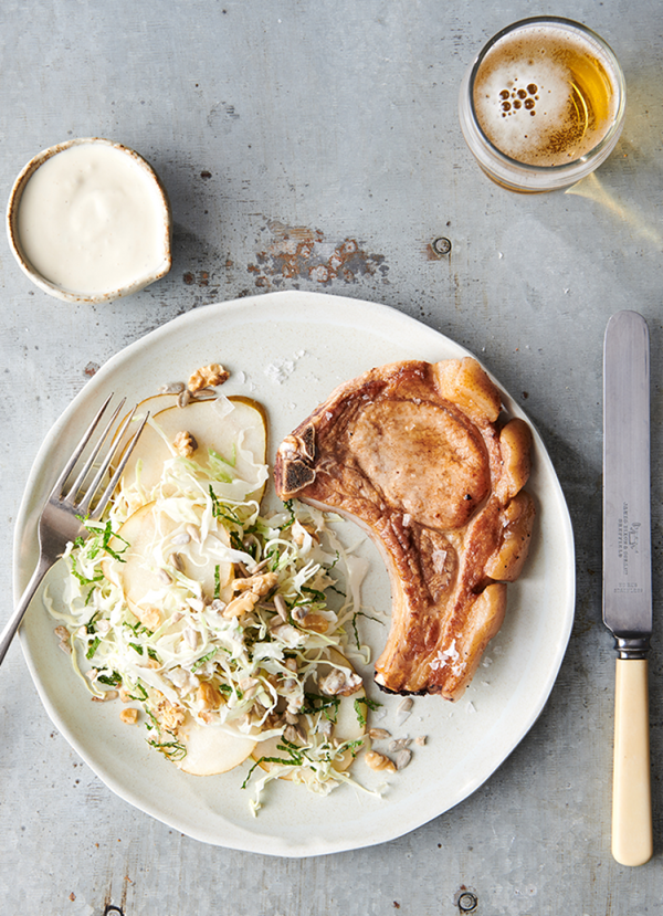 Pork chops with cabbage, pear, walnut and Parmesan slaw