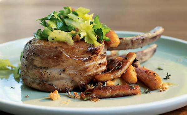 Pork chops with caramelized apples, celery and spiced walnuts
