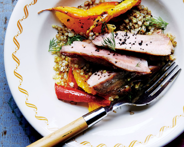 Pork chops with carrots and toasted buckwheat