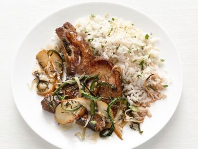 Pork chops with charred onion and poblano