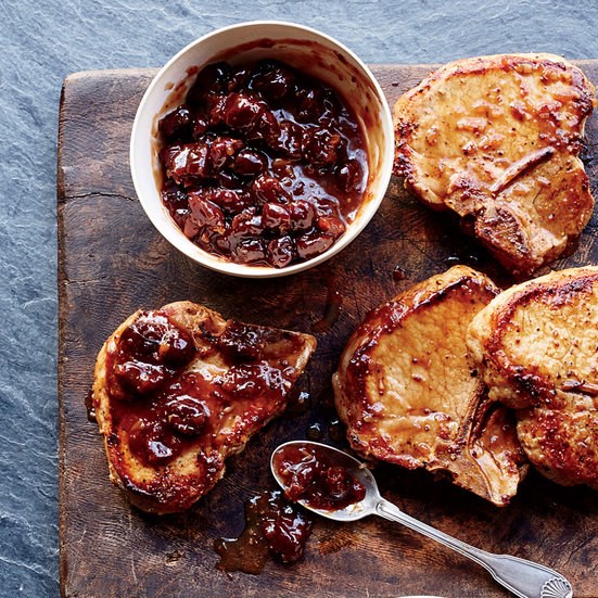 Pork chops with cherry-miso mostarda