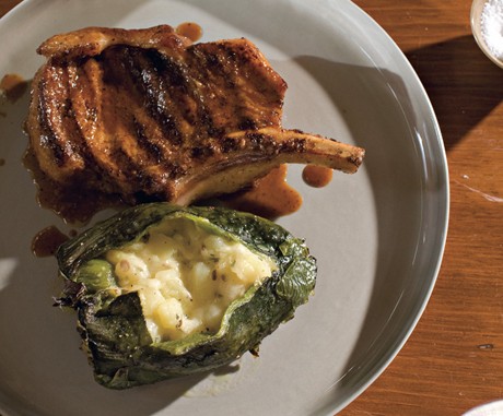 Pork chops with chiles rellenos and ancho sauce