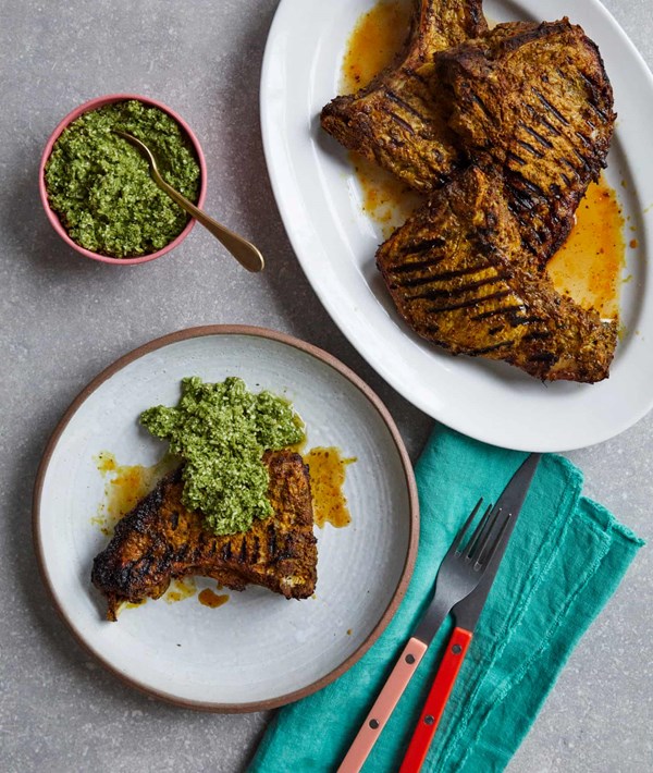 Pork chops with coconut, mint and lime sambal