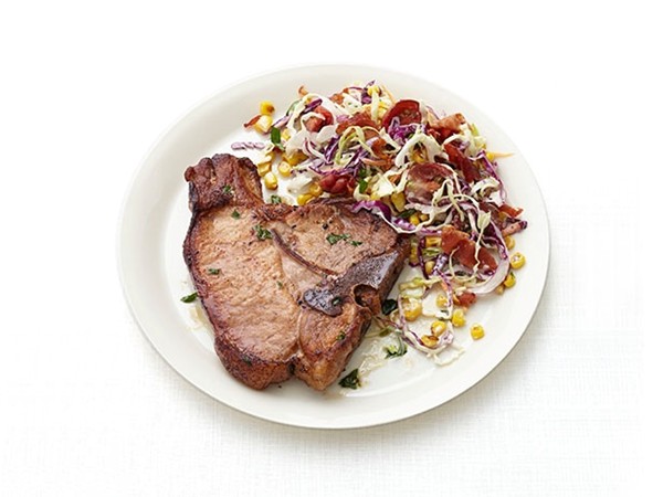 Pork chops with corn-bacon slaw