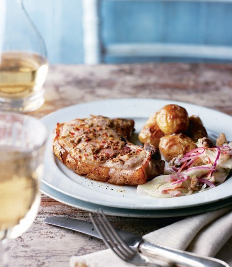 Pork chops with fennel and apple slaw with roasted new potatoes