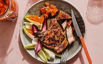 Pork chops with ginger-pickled melon and chicory
